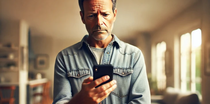 Un uomo frustrato che guarda il suo telefono